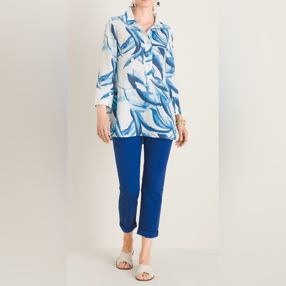 Chico’s 100% Linen Tunic Blue Leaf Print in size 16 - Picture 2 of 8